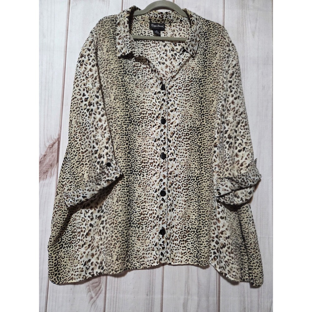 Maggie Barnes Leopard Print Chiffon Button Up Blouse Womens 3X 26/28 Brown Tan
